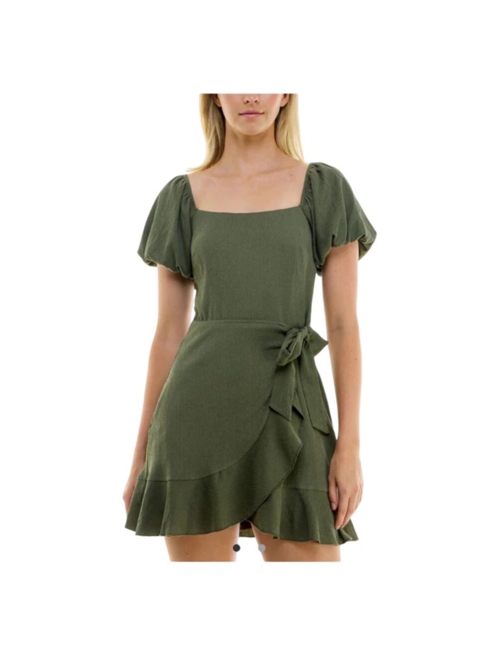 Trixxi Dress Junior XXS Olive Green Puff Sleeve Fit Flare Faux Wrap Cottagecore